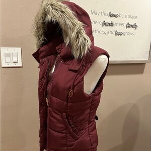 H&M Maroon Hooded Vest with Faux Fur Trim